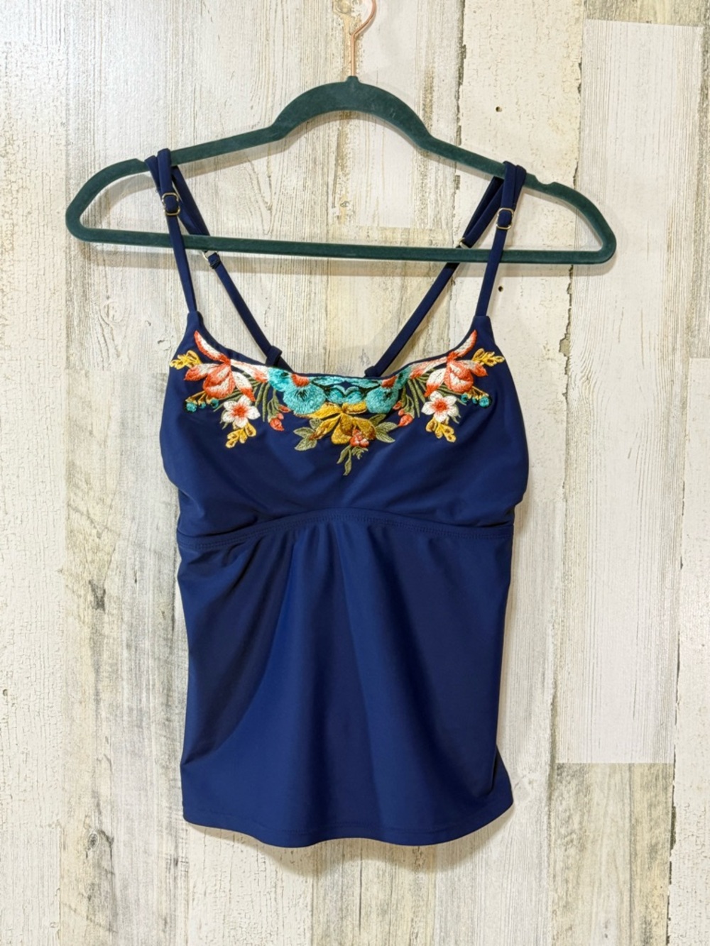 Swim Top Time and Tru Navy Embroidered Floral Tankini Top